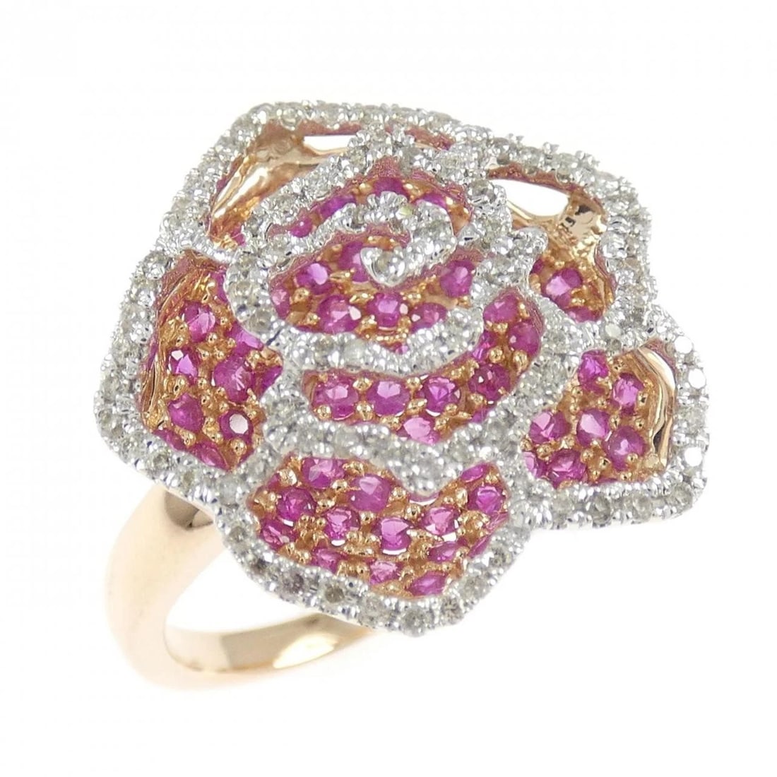 K18PG/K18WG ROSE RUBY RING: K18PG/K18WG Rose Ruby Ring Brand: Unbranded Type/Style: Ruby Ring Material: K18 Pink Gold / K18 White Gold, Main Stone Ruby Color: PG,WG Size: US5 1/4 Accessories: None Accessories Notice: