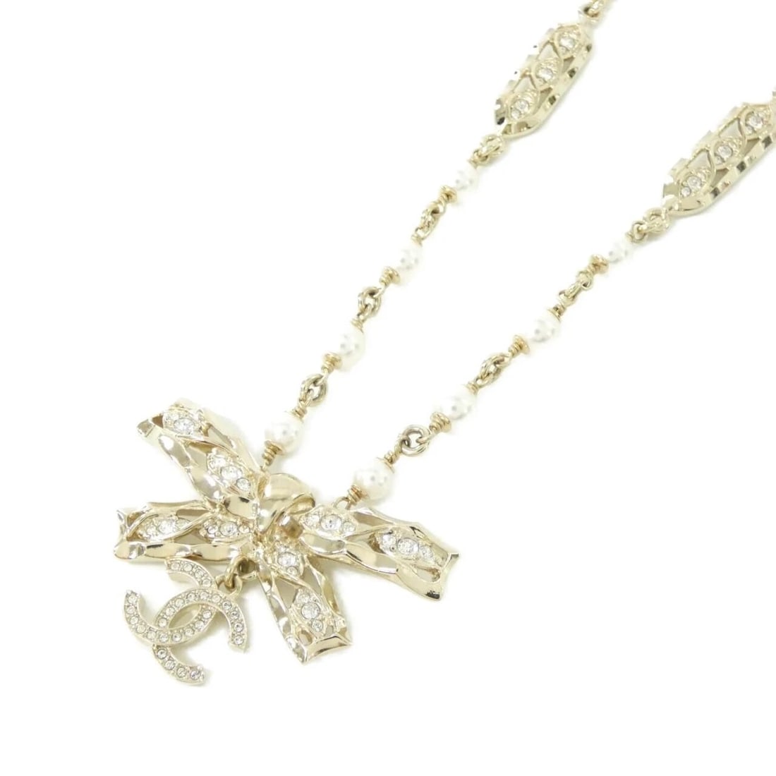 CHANEL NECKLACE: Chanel Necklace Brand: CHANEL Type/Style: Chanel Necklace Material: Fake pearl, Color: WHITE+CRYSTAL / GOLD Metal Size: Length: 70-82cm Top width x height: 4.5cmx3cm Accessories: None Accessories