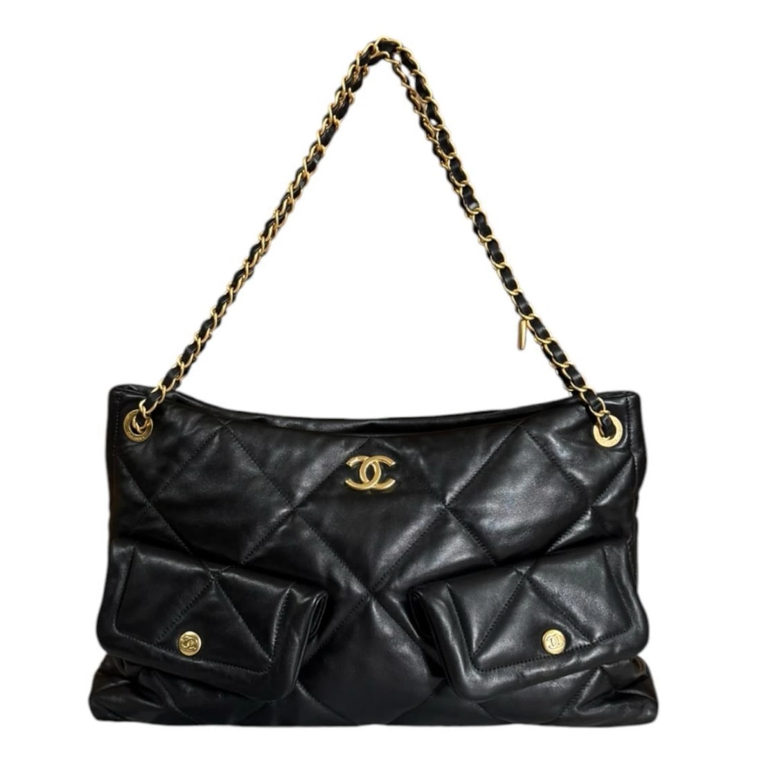 CHANEL SHOULDER BAG CHAIN SHOPPING BAG: CHANEL Shoulder Bag Chain Shopping bag Brand: CHANEL Type/Style: Shoulder Bag Material: Exterior Material shiny lambskin Color: Exterior color black Size: W15.4 x H9.1 x D3.9inch Accessories: None