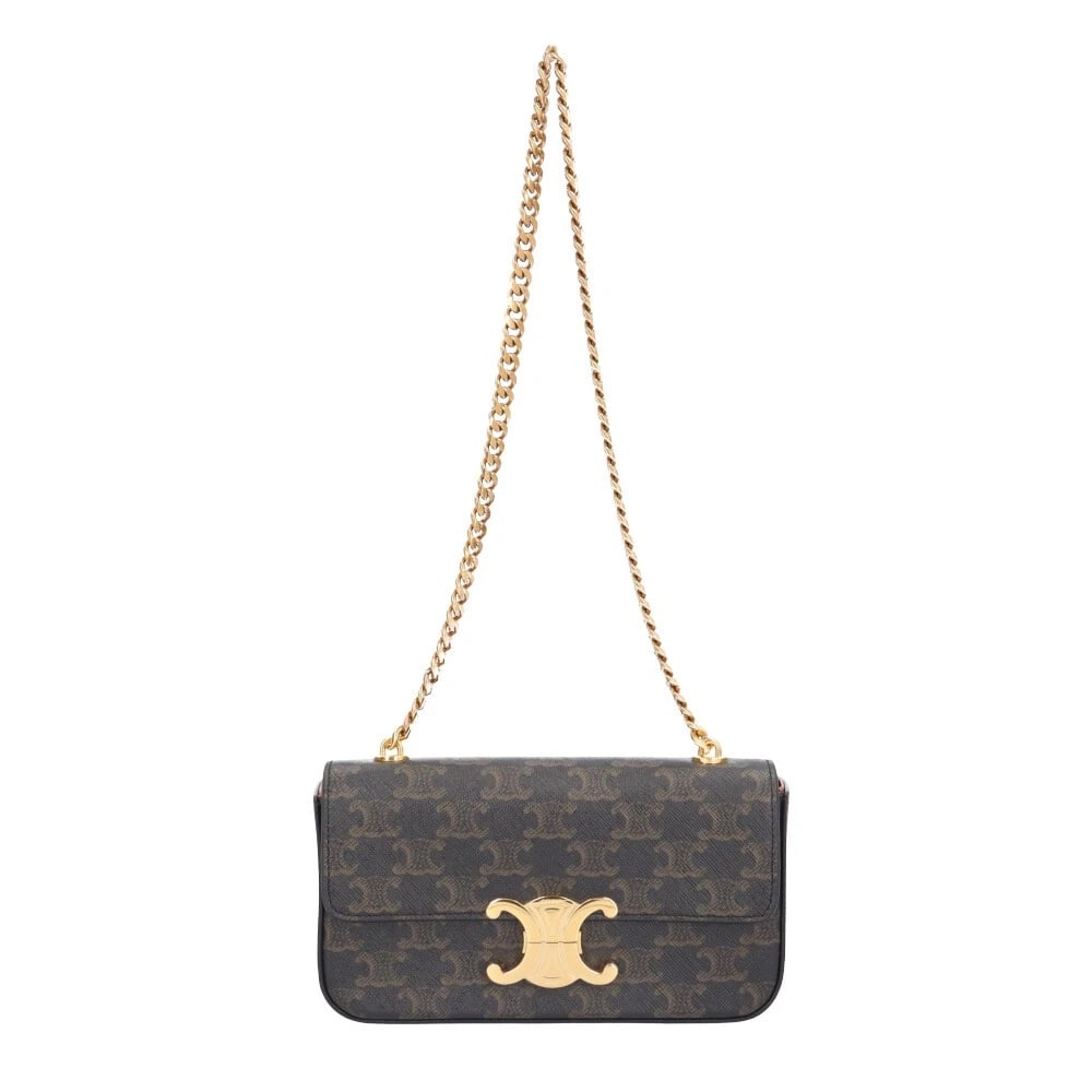 CELINE SHOULDER BAG COATED CANVAS TRIOMPHE: CELINE Shoulder Bag Coated canvas Triomphe Brand: CELINE Type/Style: Shoulder Bag Material: Exterior Material Coated canvas Color: Exterior color Tan Size: W8.1 x H4.7 x D1.8inch Accessories: None