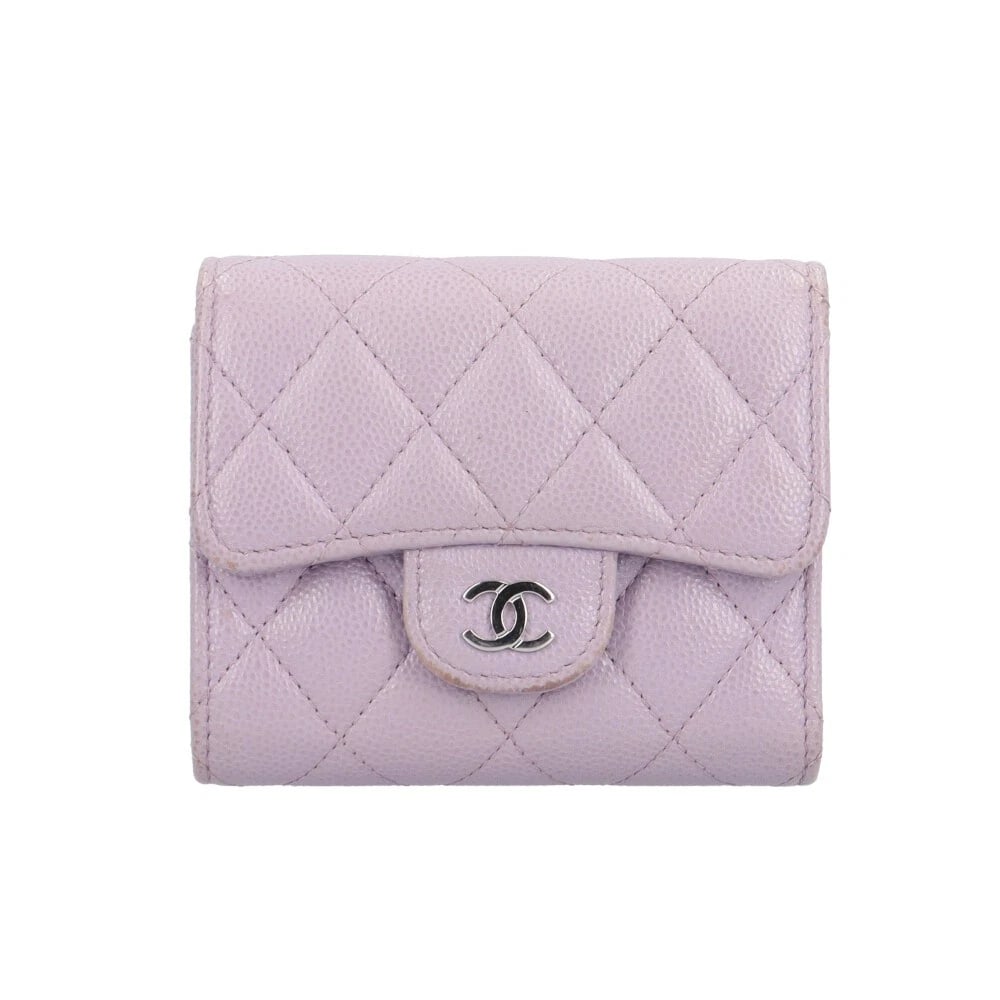 CHANEL TRI-FOLD WALLET CAVIAR SKIN CLASSIC SMALL FLAP WALLET: CHANEL Tri-fold wallet Caviar skin Classic small flap wallet Brand: CHANEL Type/Style: Tri-fold wallet Material: Exterior Material Caviarskin Color: Exterior color purple Size: W4.1 x H3.5x D1.4inch