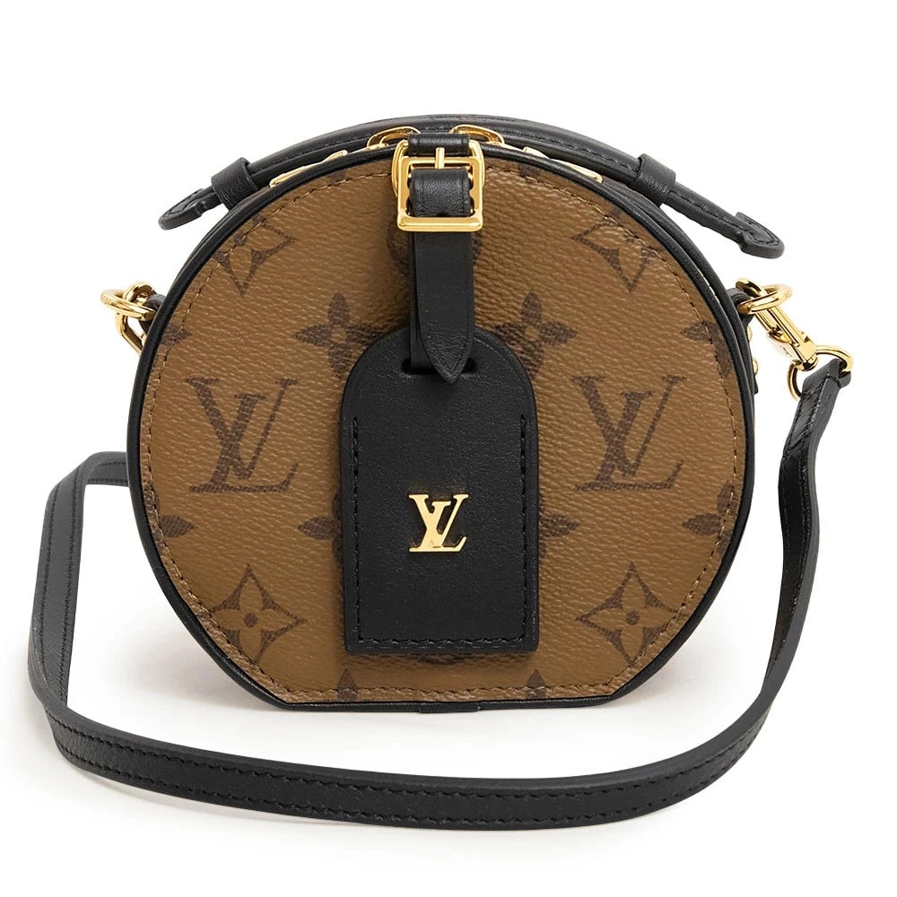 LOUIS VUITTON MINI BOITE CHAPEAU SHOULDER BAG: LOUIS VUITTON Mini Boite Chapeau Shoulder Bag Brand: LOUIS VUITTON Type/Style: Shoulder Bag Material: Monogram Reverse / Calfskin (Cowhide) Color: Brown X Black Size: W:13cm x H:12cm x D:6.5cm
