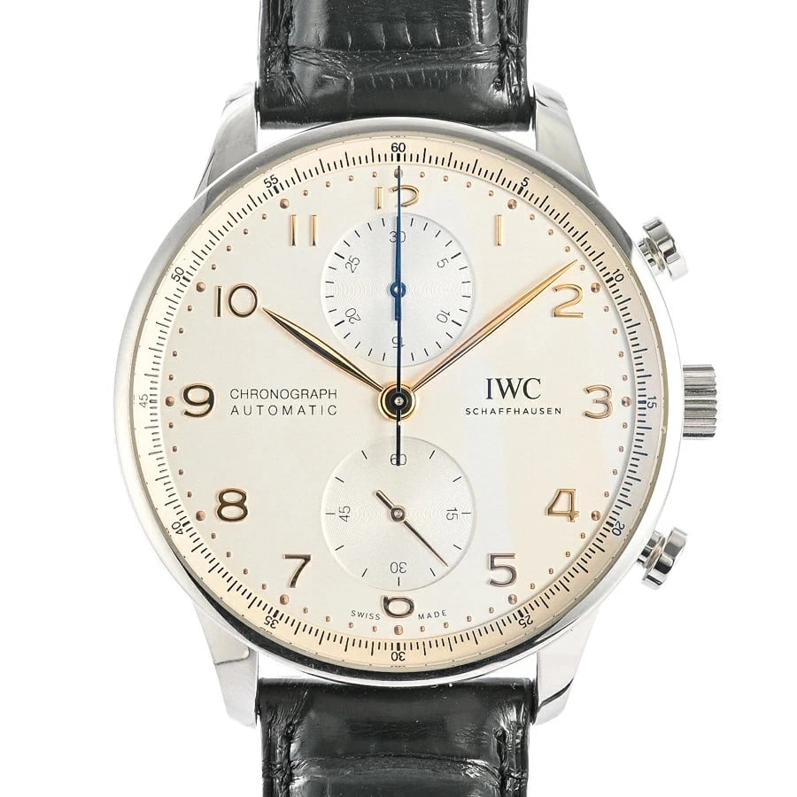 IWC PORTUGIESER CHRONOGRAPH SILVER WATCH: Iwc Portugieser Chronograph Silver Watch Brand: IWC Type/Style: Wristwatch Material: Band Material Stainless Steel/Leather Belt Case Material N/A Color: Dial Color Silver Size: Case Size 41mm Acce