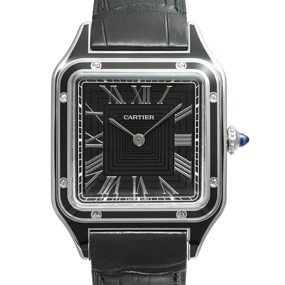 CARTIER SANTOS BLACK WATCH: Cartier Santos Black Watch Brand: CARTIER Type/Style: Wristwatch Material: Case Material N/A Band Material Stainless Steel Color: Dial Color Black Size: Case Size 43.5mm x 31.4mm Accessories: None
