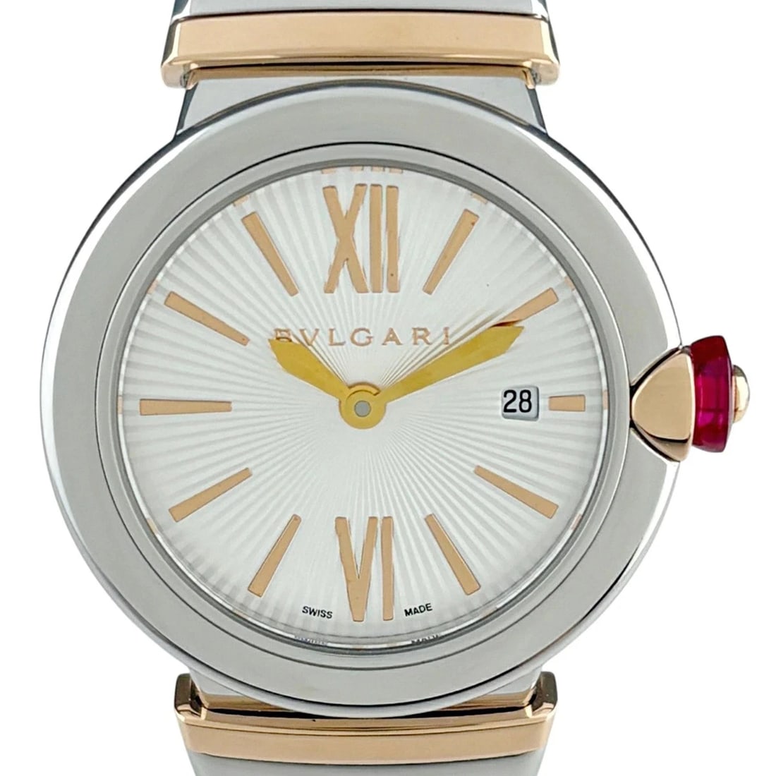 BVLGARI SILVER WATCH: Bvlgari Silver Watch Brand: BVLGARI Type/Style: Wristwatch Material: Band Material Ss, Pg Case Material Sapphire Crystal Color: Dial Color Silver Size: Wrist Size 15.5cm Case Size 25mm Accessories: