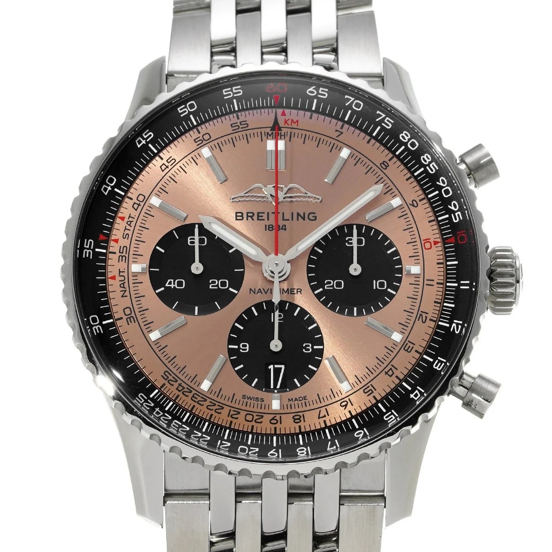 BREITLING NAVITIMER CHRONO PINK WATCH: Breitling Navitimer Chrono Pink Watch Brand: BREITLING Type/Style: Wristwatch Material: Band Material Stainless Case Material Sapphire Crystal Color: Dial Color Pink Size: Wrist Size 21.5cm Case Size 