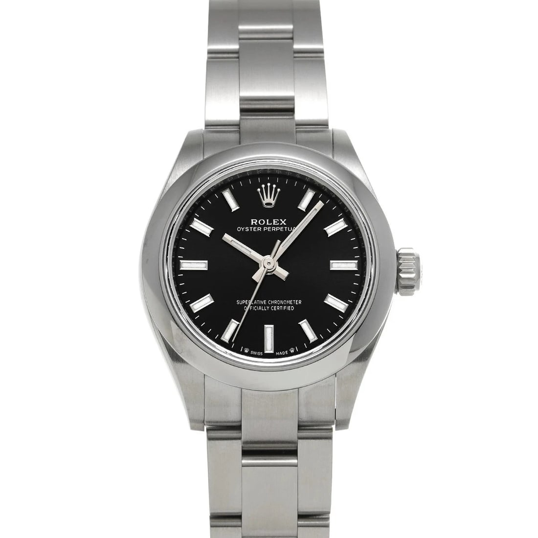 ROLEX OYSTER PERPETUAL BLACK WATCH: Rolex Oyster Perpetual Black Watch Brand: ROLEX Type/Style: Wristwatch Material: Band Material Stainless Case Material Sapphire Crystal Color: Dial Color Black Size: Case Size 28 x 28 mm Accessories: