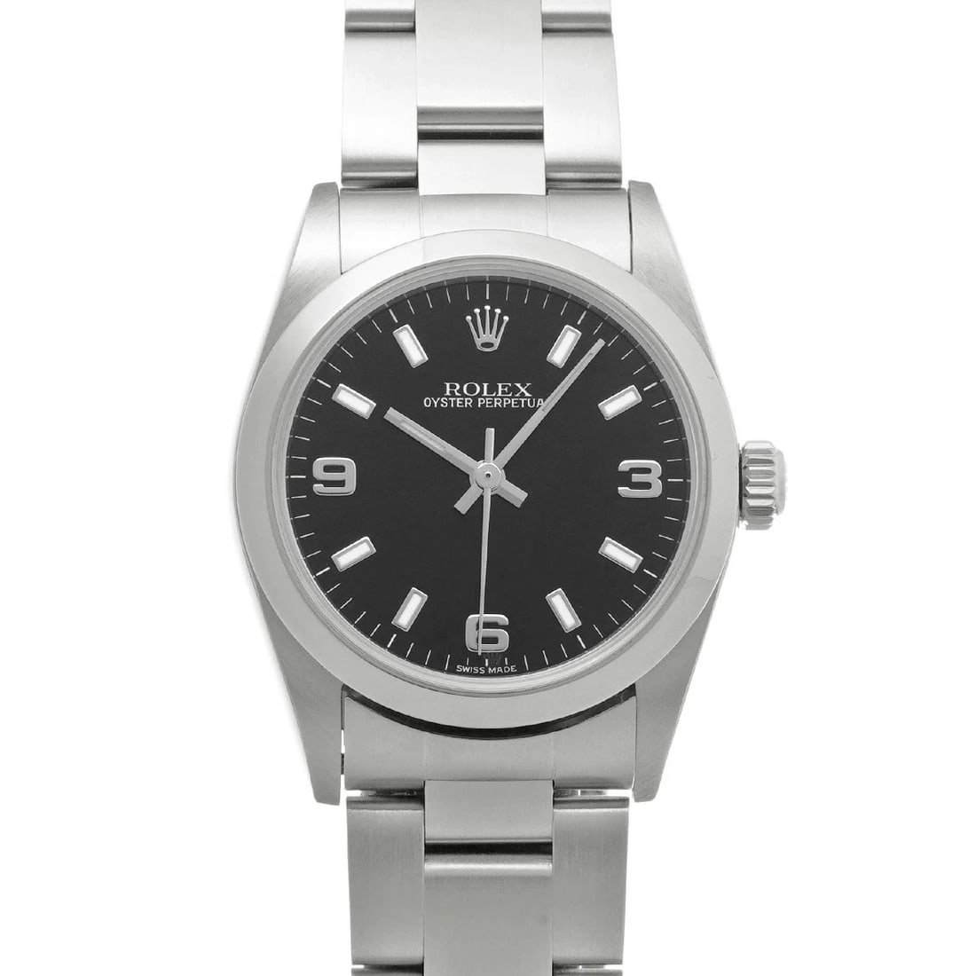 ROLEX OYSTER PERPETUAL BLACK WATCH: Rolex Oyster Perpetual Black Watch Brand: ROLEX Type/Style: Wristwatch Material: Band Material Stainless Case Material Sapphire Crystal Color: Dial Color Black Size: Wrist Size 16.5cm Case Size 31 x 3