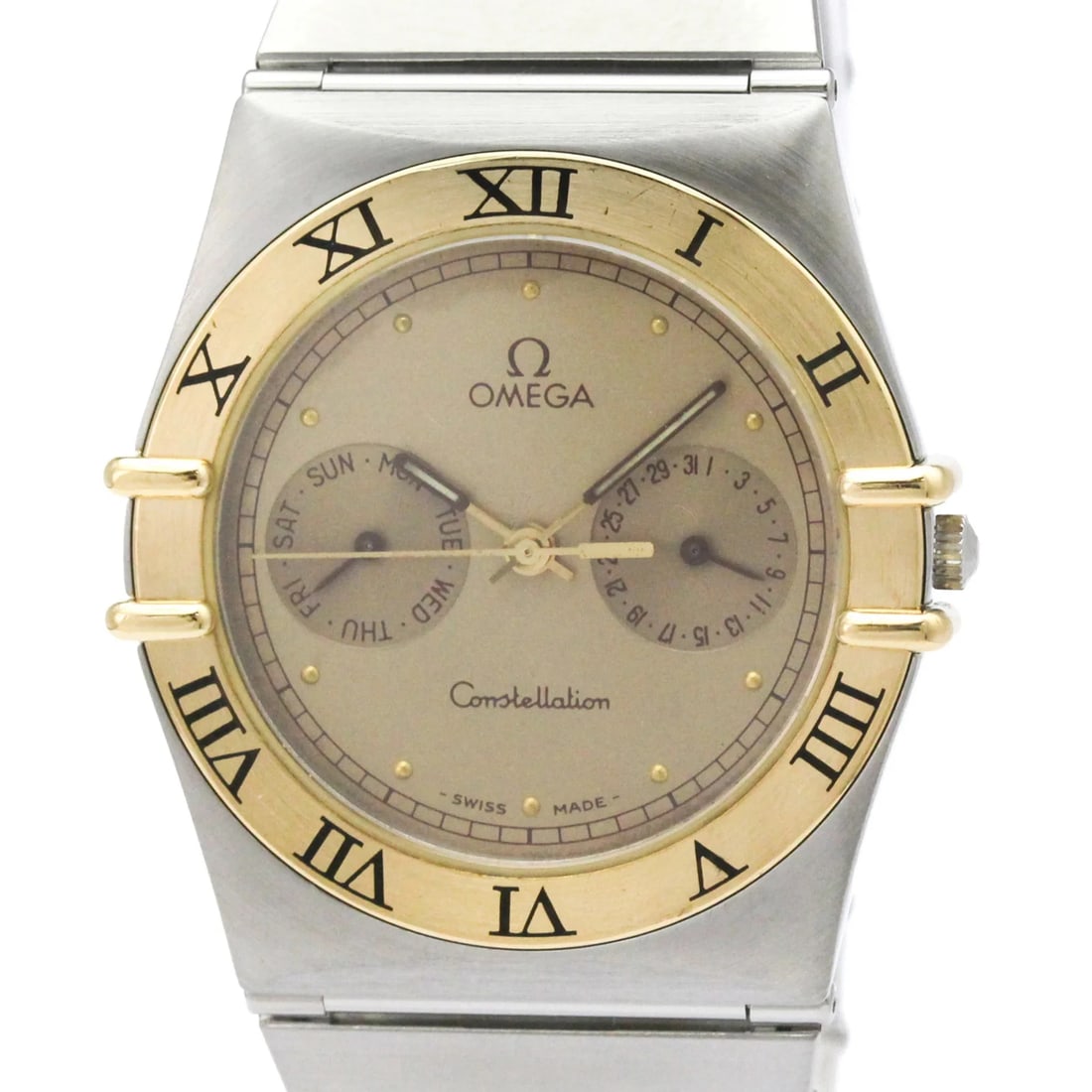 OMEGA CONSTELLATION 18K GOLD STEEL QUARTZ WATCH: Omega Constellation 18K Gold Steel Quartz Watch Brand: Omega Type/Style: Wristwatch Material: (Case) Stainless steel, Yellow gold (18K) (Band) Stainless steel Color: Dial Color Gold Size: Case