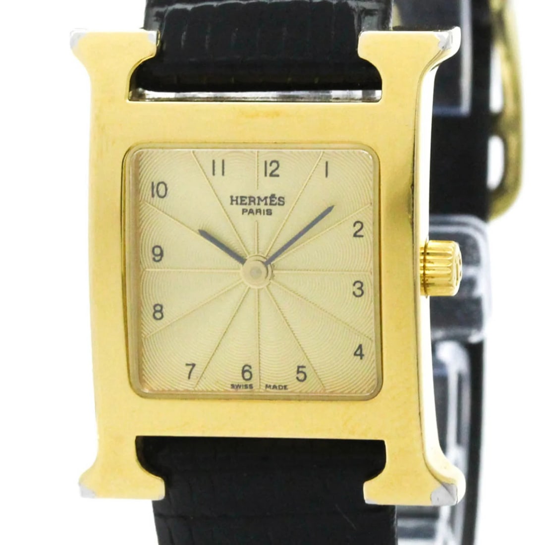 HERMES WATCH GOLD PLATED LEATHER QUARTZ WATCH: Hermes Watch Gold Plated Leather Quartz Watch Brand: Hermes Type/Style: Wristwatch Material: (Case) Gold plated (Band) Leather Color: Dial Color Gold Size: Case Diameter 21mm / 0.83inch Accessories:
