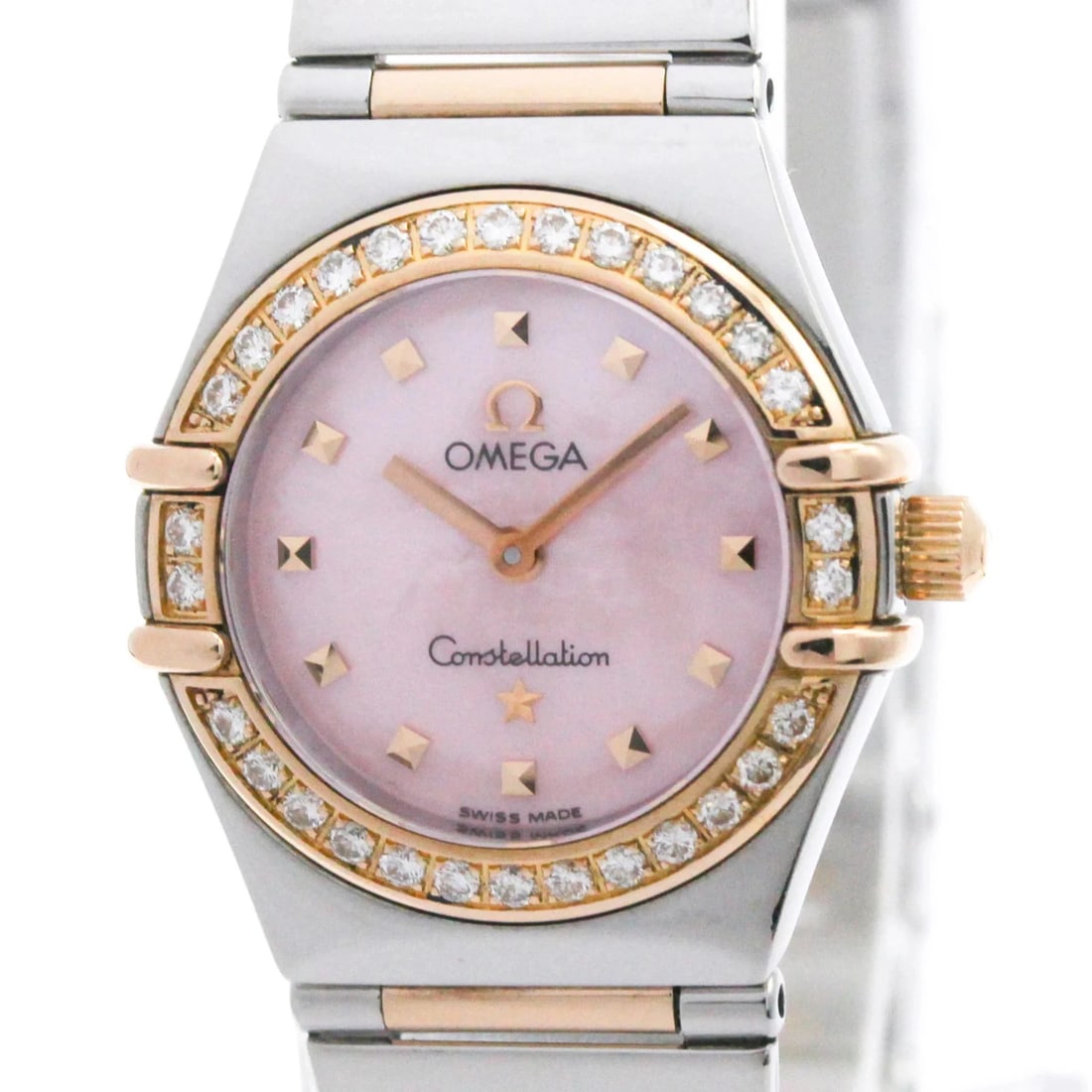 OMEGA CONSTELLATION WATCH: Omega Constellation Watch Brand: Omega Type/Style: Wristwatch Material: (Case) Pink gold (18K), Stainless steel (Band) Pink gold (18K), Stainless steel Color: Dial Color Pink shell Size: Case Diameter