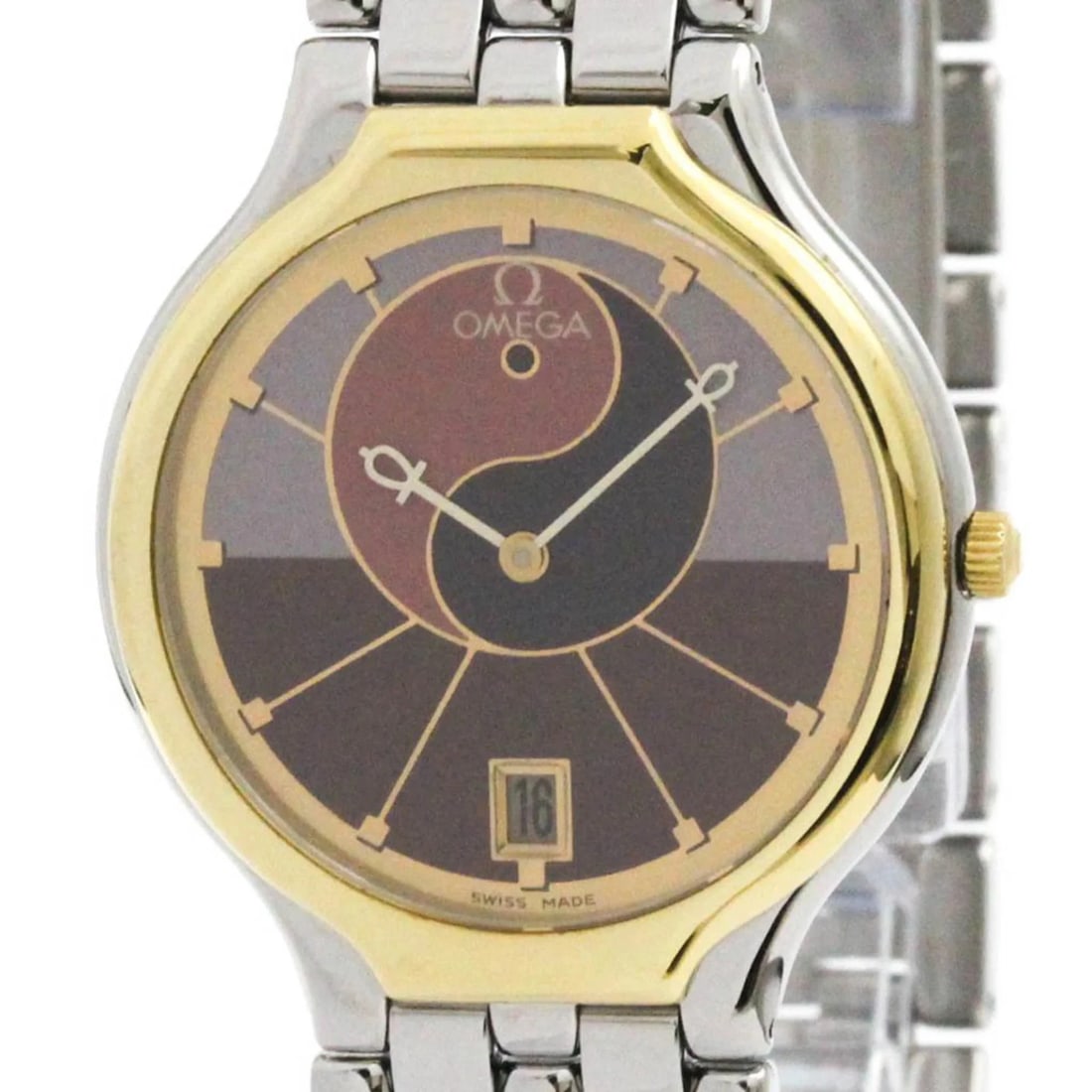 OMEGA DE VILLE K18 GOLD STEEL WATCH: Omega De Ville K18 Gold Steel Watch Brand: Omega Type/Style: Wristwatch Material: (Case) Stainless steel, Yellow gold (18K) (Band) Stainless steel Color: Dial Color Bordeaux, Purple Size: Case Diamete