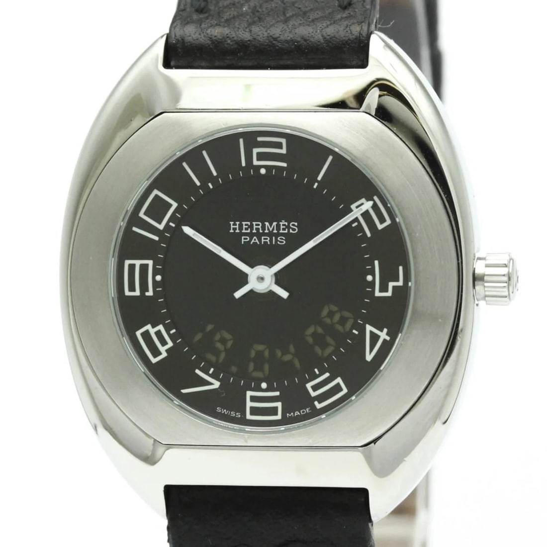 HERMES ESPACE STAINLESS STEEL QUARTZ WATCH: Hermes Espace Stainless Steel Quartz Watch Brand: Hermes Type/Style: Wristwatch Material: (Case) Stainless steel (Band) Leather Color: Dial Color Black Size: Case Diameter 31mm / 1.22inch Accessor