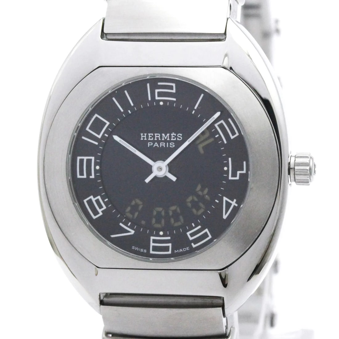 HERMES ESPACE STAINLESS STEEL QUARTZ WATCH: Hermes Espace Stainless Steel Quartz Watch Brand: Hermes Type/Style: Wristwatch Material: (Case) Stainless steel (Band) Stainless steel Color: Dial Color Black Size: Case Diameter 31mm / 1.22inch