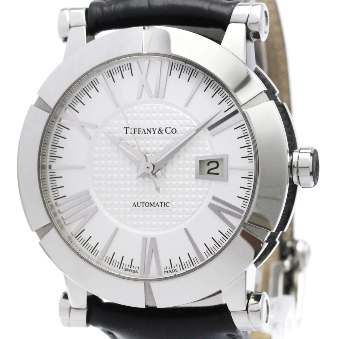 TIFFANY ATLAS STEEL AUTOMATIC WATCH: Tiffany Atlas Steel Automatic Watch Brand: Tiffany Type/Style: Wristwatch Material: (Case) Rubber, Stainless steel (Band) Leather Color: Dial Color Silver Size: Case Diameter 42mm / 1.65inch Acces