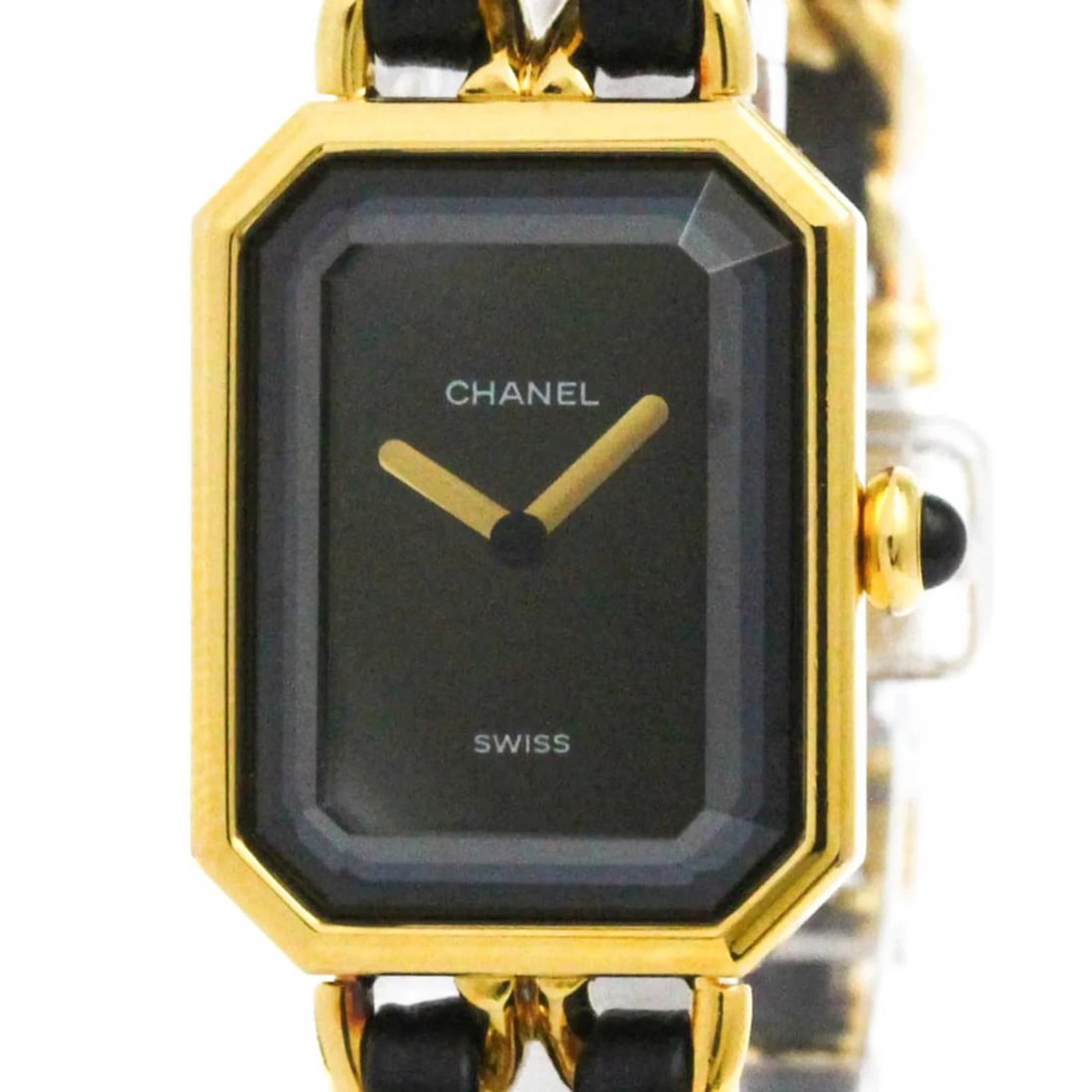 CHANEL PREMIERE GOLD PLATED QUARTZ WATCH: Chanel Premiere Gold Plated Quartz Watch Brand: Chanel Type/Style: Wristwatch Material: (Case) Gold plated (Band) Gold plated, Leather Color: Dial Color Black Size: Case Diameter 20mm / 0.79inch A