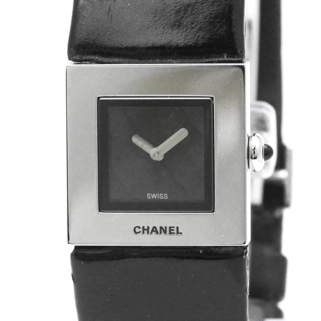 CHANEL STEEL LEATHER QUARTZ WATCH: Chanel Steel Leather Quartz Watch Brand: Chanel Type/Style: Wristwatch Material: (Case) Stainless steel (Band) Leather Color: Dial Color Black Size: Case Diameter 19mm / 0.75inch Accessories: None