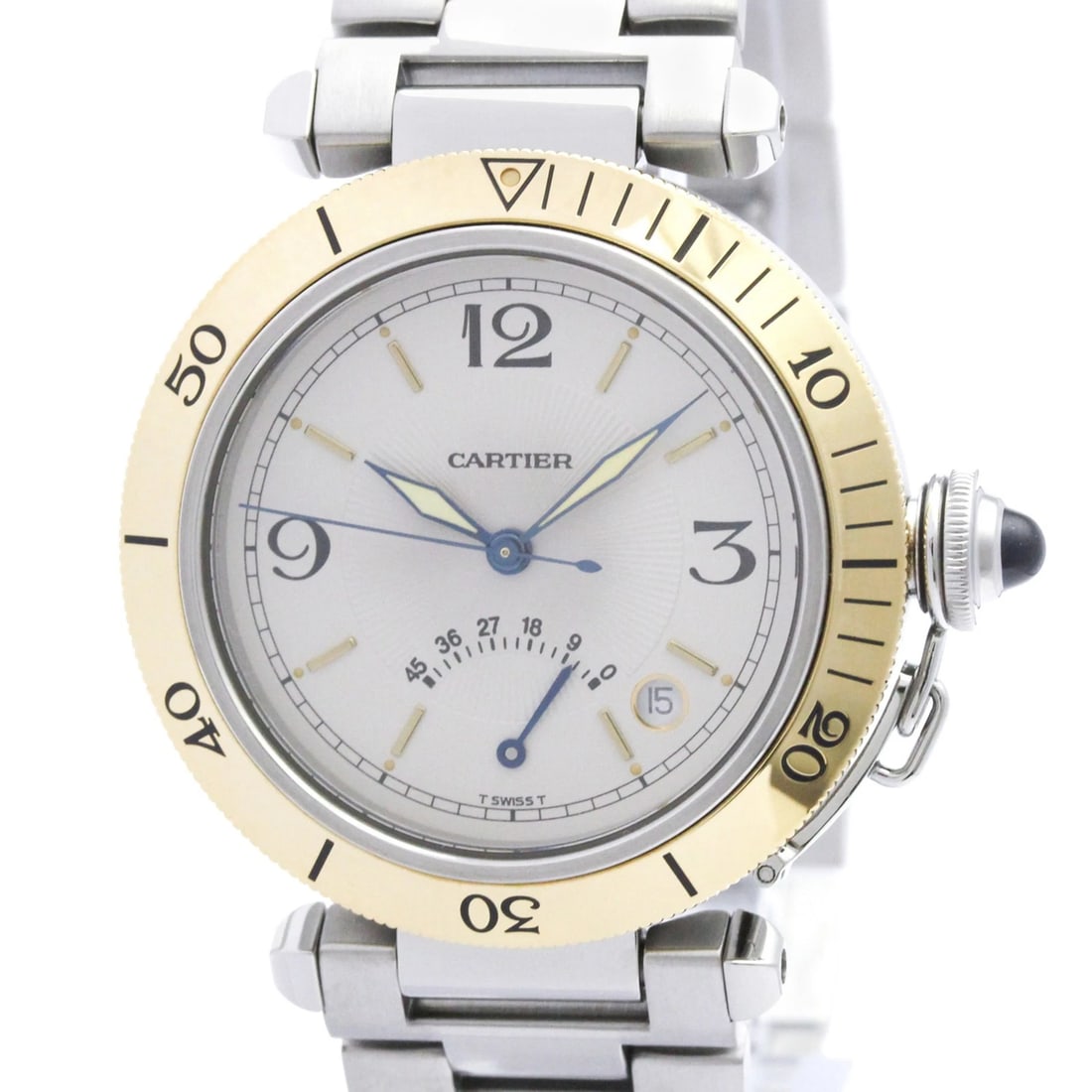 CARTIER PASHA POWER RESERVE 18K GOLD STEEL WATCH: Cartier Pasha Power Reserve 18K Gold Steel Watch Brand: Cartier Type/Style: Wristwatch Material: (Case) Stainless steel, Yellow gold (18K) (Band) Stainless steel Color: Dial Color Silver Size: Case Di