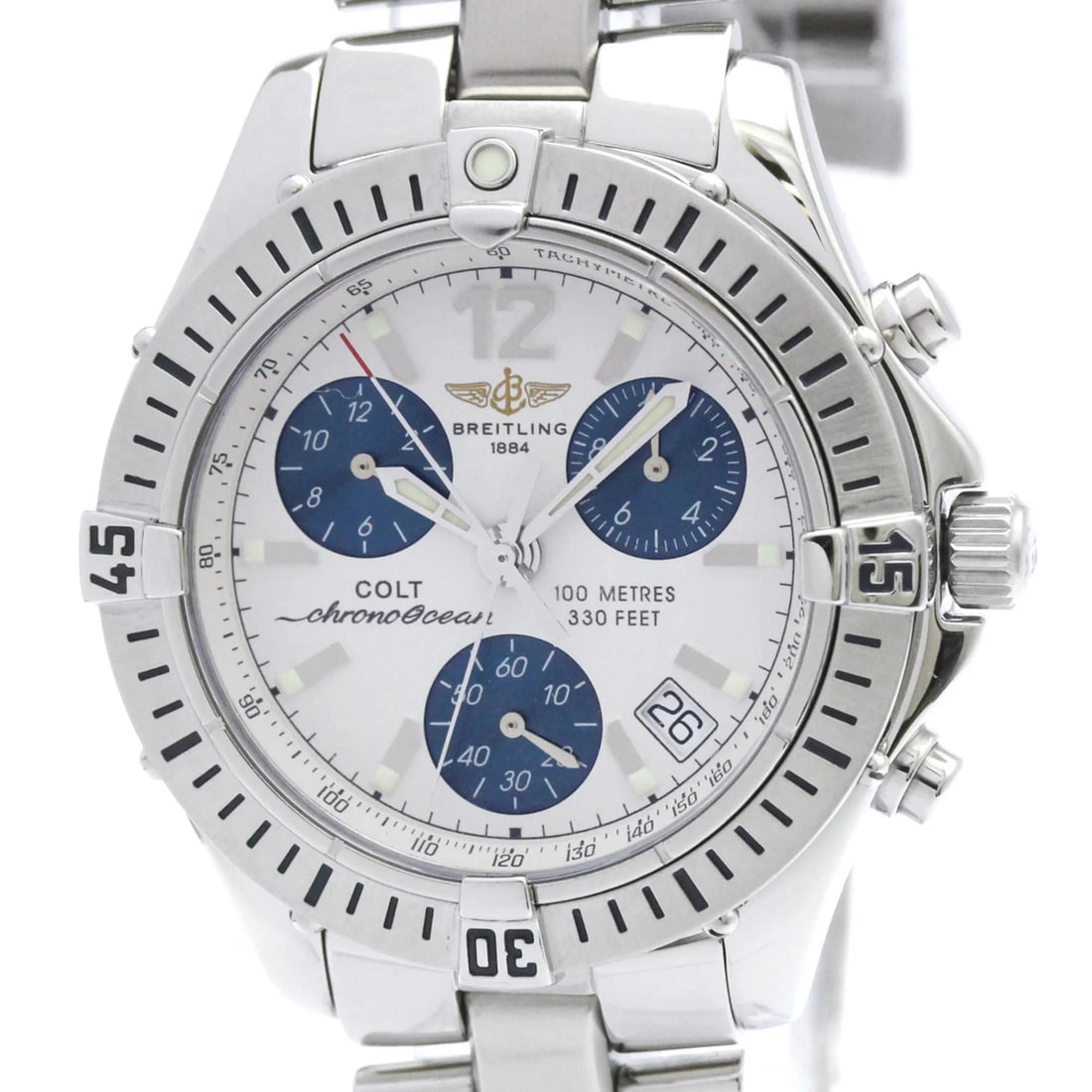 BREITLING CHRONO OCEAN STEEL QUARTZ WATCH: Breitling Chrono Ocean Steel Quartz Watch Brand: Breitling Type/Style: Wristwatch Material: (Case) Stainless steel (Band) Stainless steel Color: Dial Color Silver Size: Case Diameter 38mm / 1.5inch