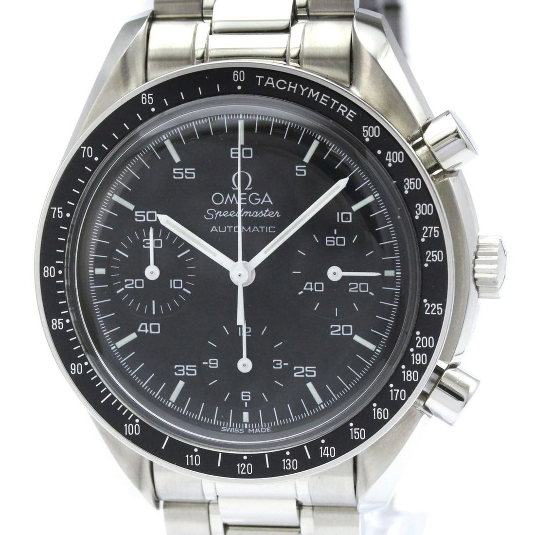 OMEGA SPEEDMASTER AUTOMATIC STEEL WATCH: Omega Speedmaster Automatic Steel Watch Brand: Omega Type/Style: Wristwatch Material: (Case) Stainless steel (Band) Stainless steel Color: Dial Color Black Size: Case Diameter 39mm / 1.54inch Acce
