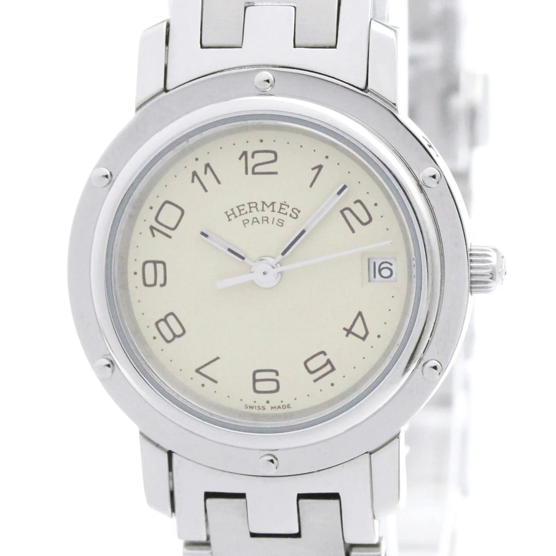 HERMES CLIPPER STAINLESS STEEL QUARTZ WATCH: Hermes Clipper Stainless Steel Quartz Watch Brand: Hermes Type/Style: Wristwatch Material: (Case) Stainless steel (Band) Stainless steel Color: Dial Color Ivory Size: Case Diameter 24mm / 0.94inch