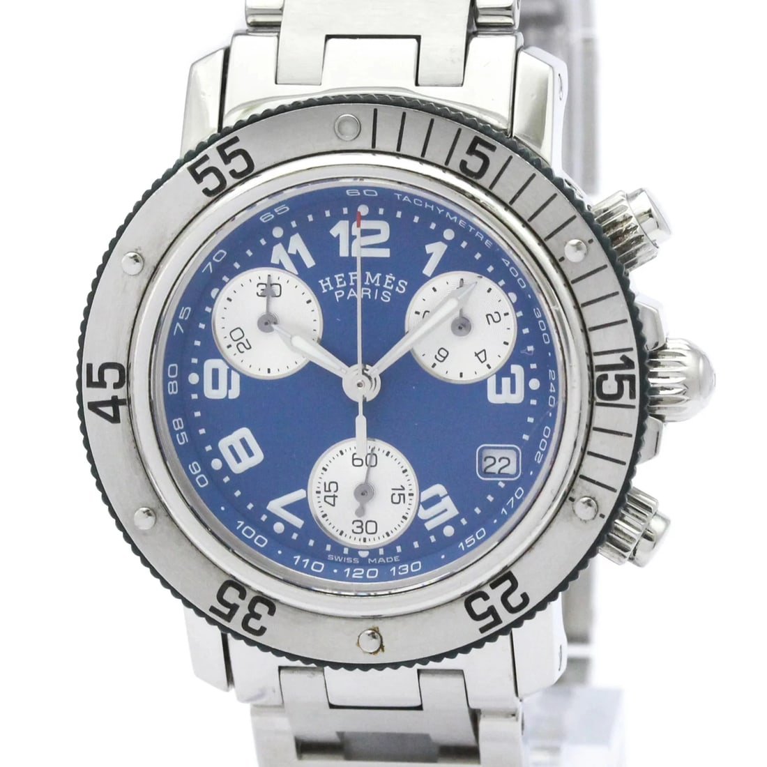 HERMES CLIPPER DIVER CHRONOGRAPH QUARTZ WATCH: Hermes Clipper Diver Chronograph Quartz Watch Brand: Hermes Type/Style: Wristwatch Material: (Case) Stainless steel (Band) Stainless steel Color: Dial Color Blue Size: Case Diameter 33mm / 1.3inch