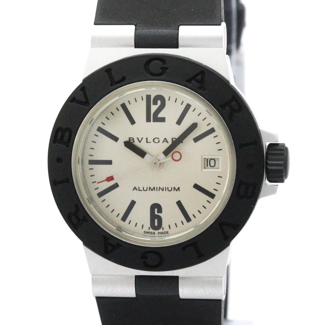 BVLGARI ALUMINUM RUBBER QUARTZ WATCH: Bvlgari Aluminum Rubber Quartz Watch Brand: Bvlgari Type/Style: Wristwatch Material: (Case) Aluminum (Band) Rubber Color: Dial Color Silver Size: Case Diameter 29mm / 1.14inch Accessories: None