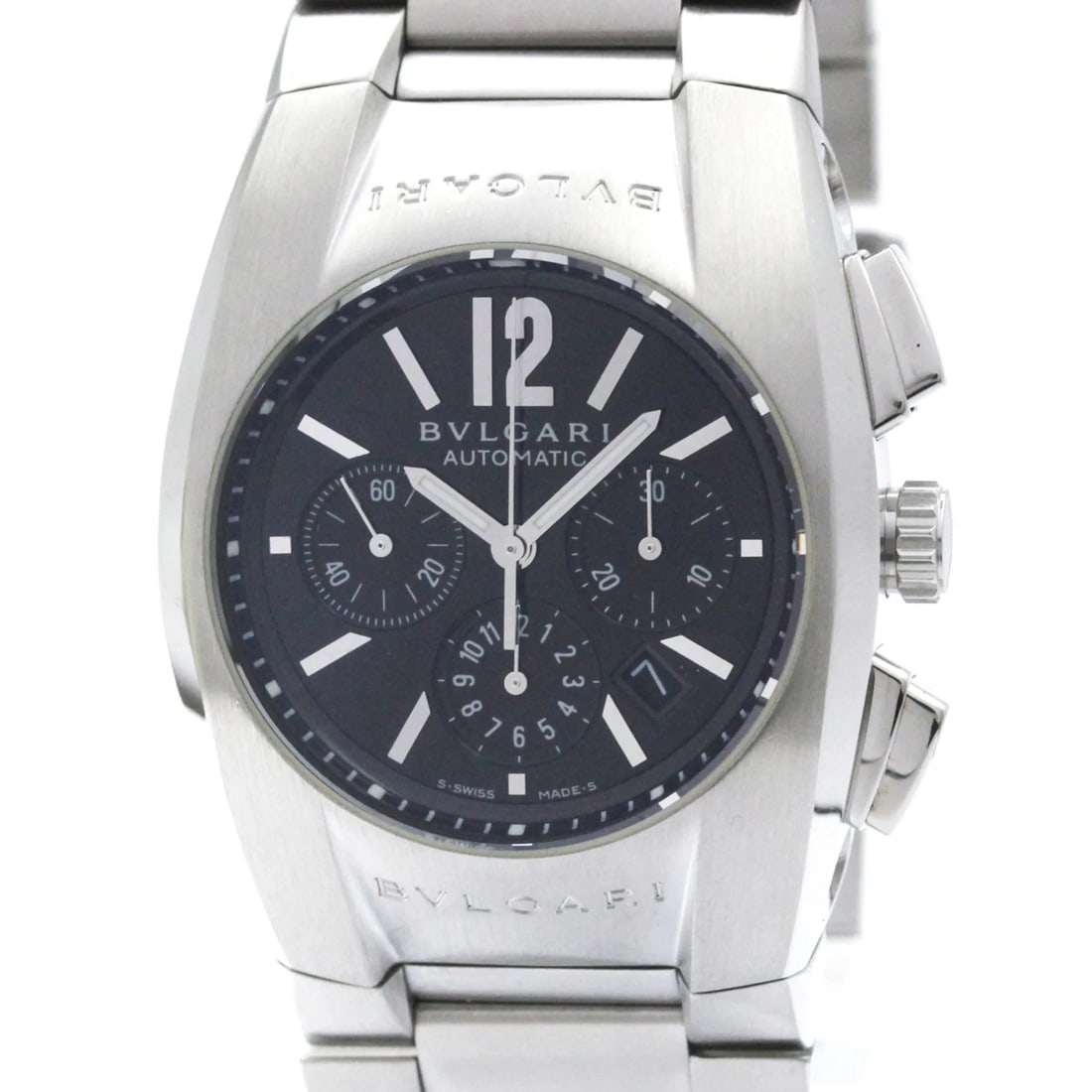 BVLGARI ERGON CHRONOGRAPH AUTOMATIC WATCH: Bvlgari Ergon Chronograph Automatic Watch Brand: Bvlgari Type/Style: Wristwatch Material: (Case) Stainless steel (Band) Stainless steel Color: Dial Color Black Size: Case Diameter 35mm / 1.38inch