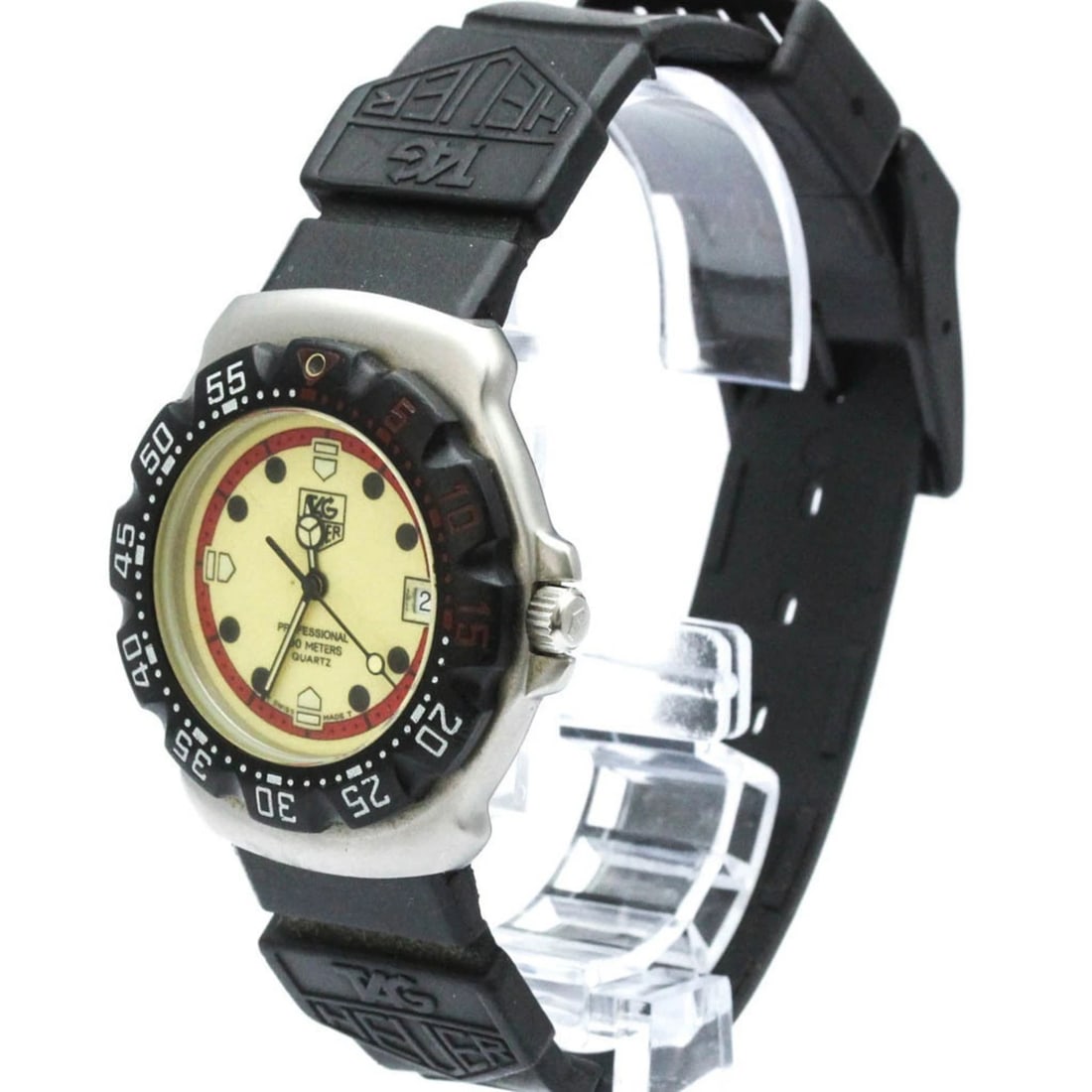 TAG HEUER FORMULA QUARTZ STEEL MID WATCH: Tag Heuer Formula Quartz Steel Mid Watch Brand: Tag Heuer Type/Style: Wristwatch Material: (Case) Stainless steel (Band) Rubber Color: Dial Color Ivory Size: Case Diameter 35mm / 1.38inch Accessor