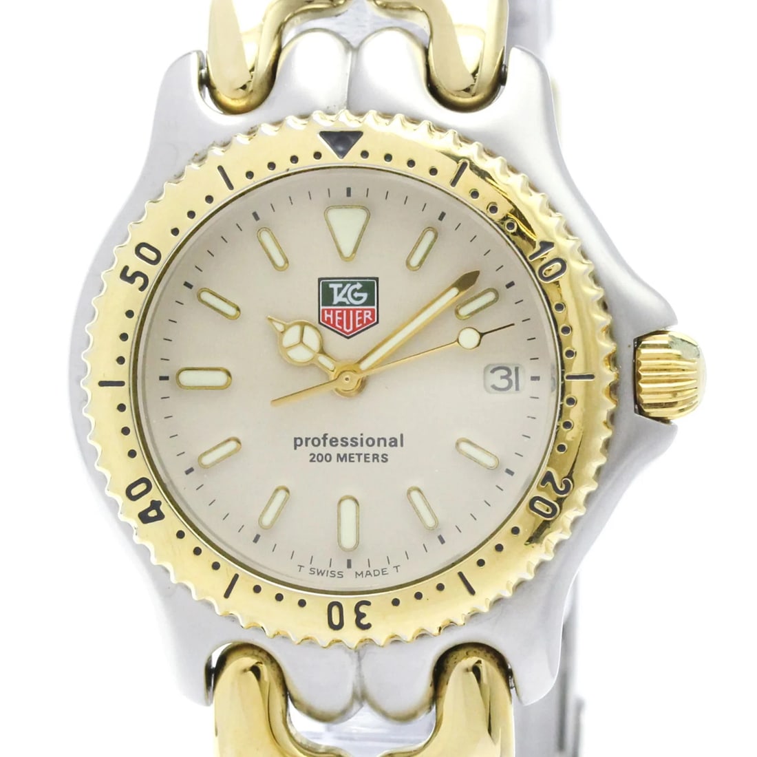 TAG HEUER SEL GOLD PLATED STEEL MID SIZE WATCH: Tag Heuer Sel Gold Plated Steel Mid Size Watch Brand: Tag Heuer Type/Style: Wristwatch Material: (Case) Gold plated, Stainless steel (Band) Gold plated, Stainless steel Color: Dial Color Ivory Size: