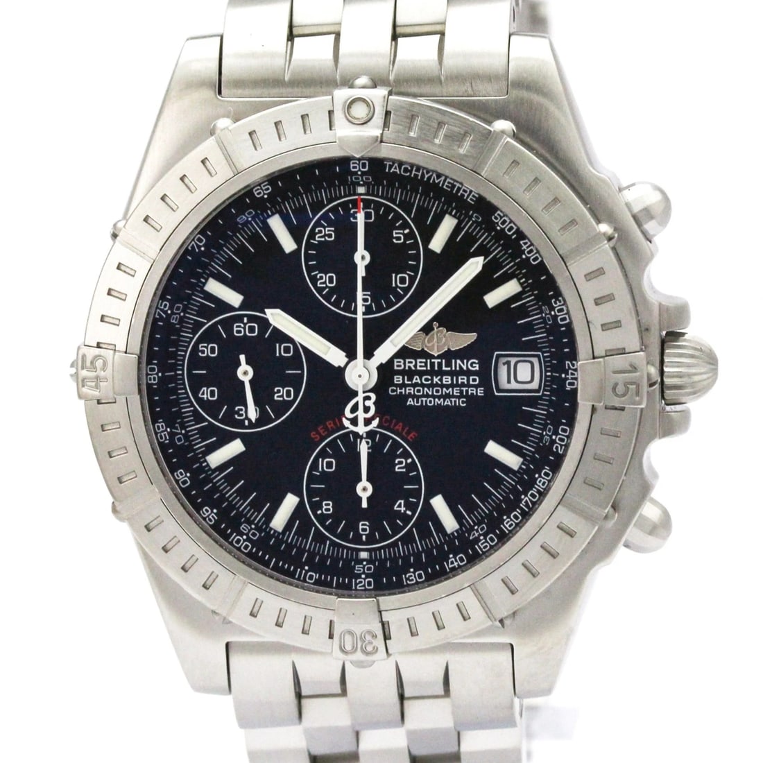 BREITLING CHRONOMAT BLACK BIRD STEEL AUTOMATIC WATCH: Breitling Chronomat Black Bird Steel Automatic Watch Brand: Breitling Type/Style: Wristwatch Material: (Case) Stainless steel (Band) Stainless steel Color: Dial Color Black Size: Case Diameter 40mm /