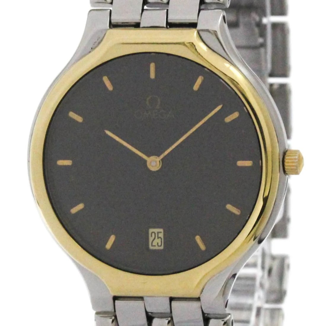 OMEGA DE VILLE SYMBOL K18 GOLD STEEL QUARTZ WATCH: Omega De Ville Symbol K18 Gold Steel Quartz Watch Brand: Omega Type/Style: Wristwatch Material: (Case) Stainless steel, Yellow gold (18K) (Band) Stainless steel Color: Dial Color Black Size: Case Diam