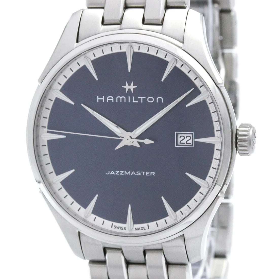 HAMILTON JAZZMASTER STAINLESS STEEL QUARTZ WATCH: Hamilton Jazzmaster Stainless Steel Quartz Watch Brand: Hamilton Type/Style: Wristwatch Material: (Case) Stainless steel (Band) Stainless steel Color: Dial Color Blue Size: Case Diameter 40mm /