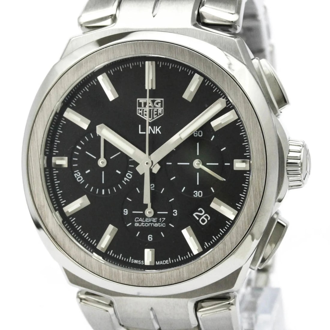 TAG HEUER LINK CALIBRE CHRONOGRAPH AUTOMATIC WATCH: Tag Heuer Link Calibre Chronograph Automatic Watch Brand: Tag Heuer Type/Style: Wristwatch Material: (Case) Stainless steel (Band) Stainless steel Color: Dial Color Black Size: Case Diameter 41mm /