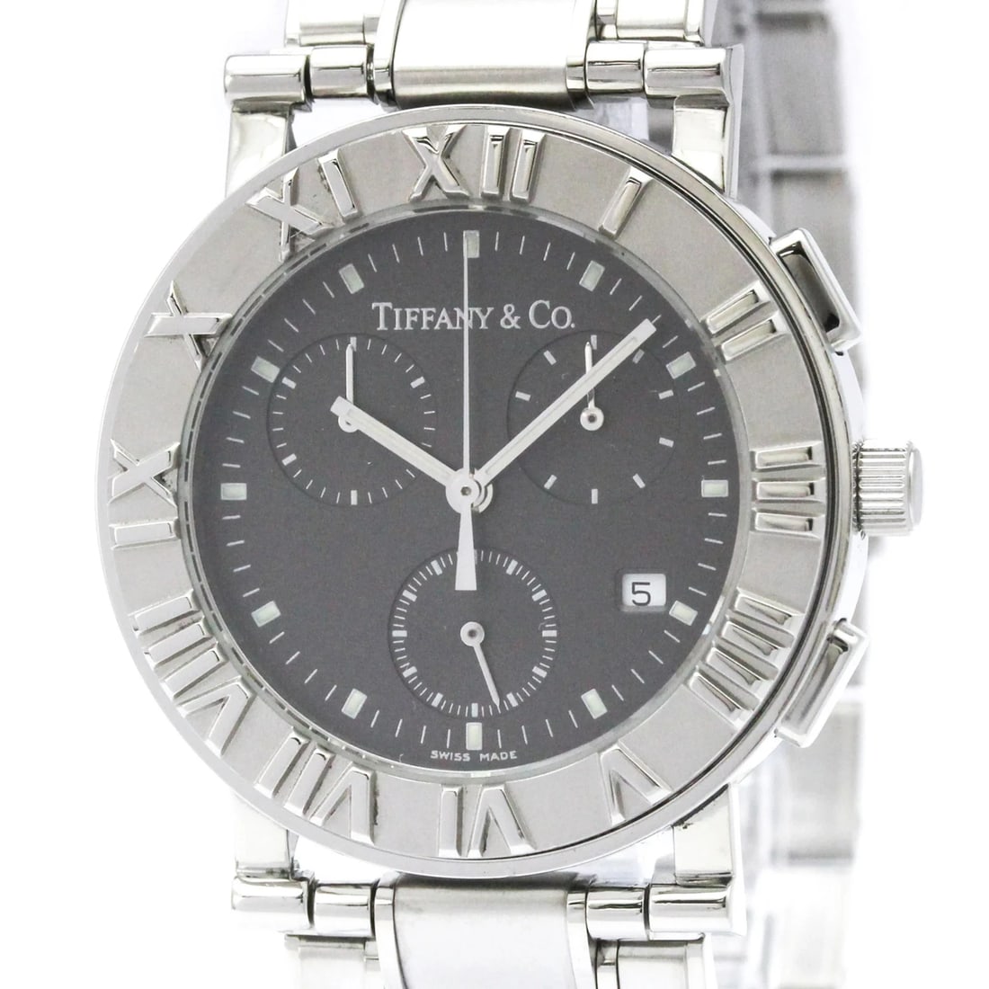 TIFFANY ATLAS CHRONOGRAPH QUARTZ WATCH: Tiffany Atlas Chronograph Quartz Watch Brand: Tiffany Type/Style: Wristwatch Material: (Case) Stainless steel (Band) Stainless steel Color: Dial Color Black Size: Case Diameter 35mm / 1.38inch Acc