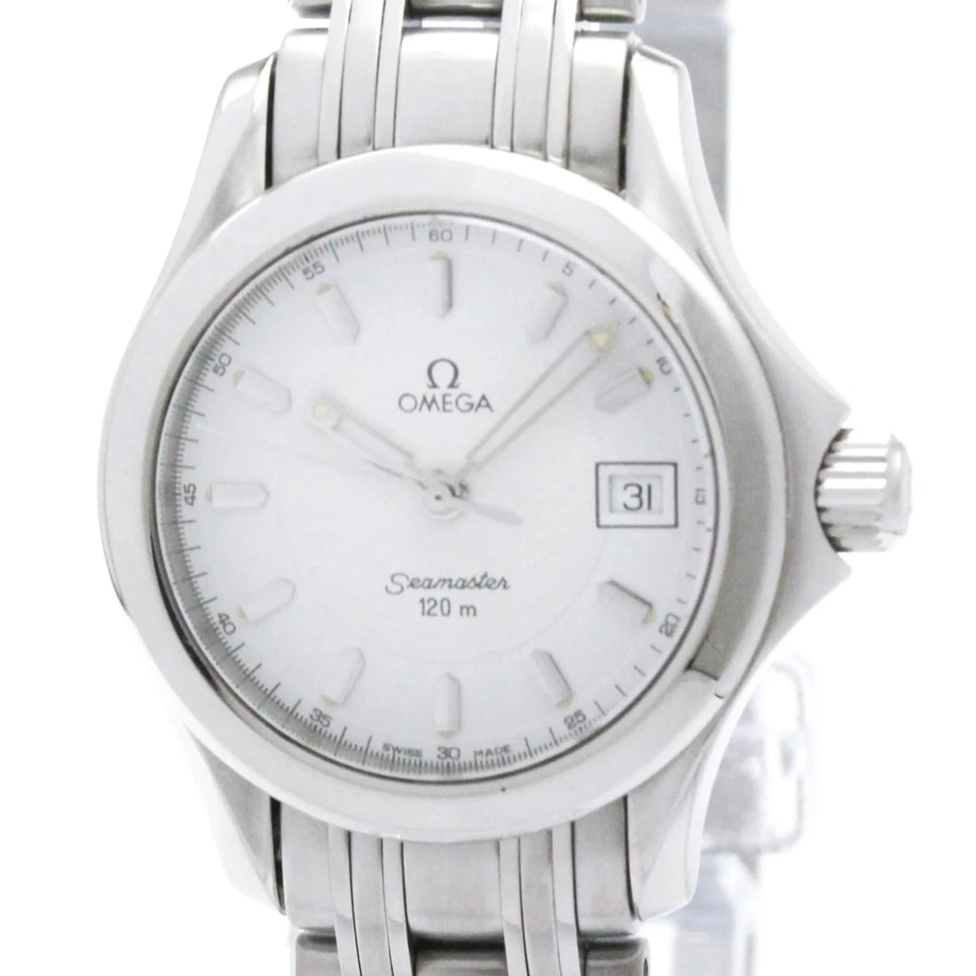 OMEGA SEAMASTER STEEL QUARTZ WATCH: Omega Seamaster Steel Quartz Watch Brand: Omega Type/Style: Wristwatch Material: (Case) Stainless steel (Band) Stainless steel Color: Dial Color White Size: Case Diameter 26mm / 1.02inch Accessories: