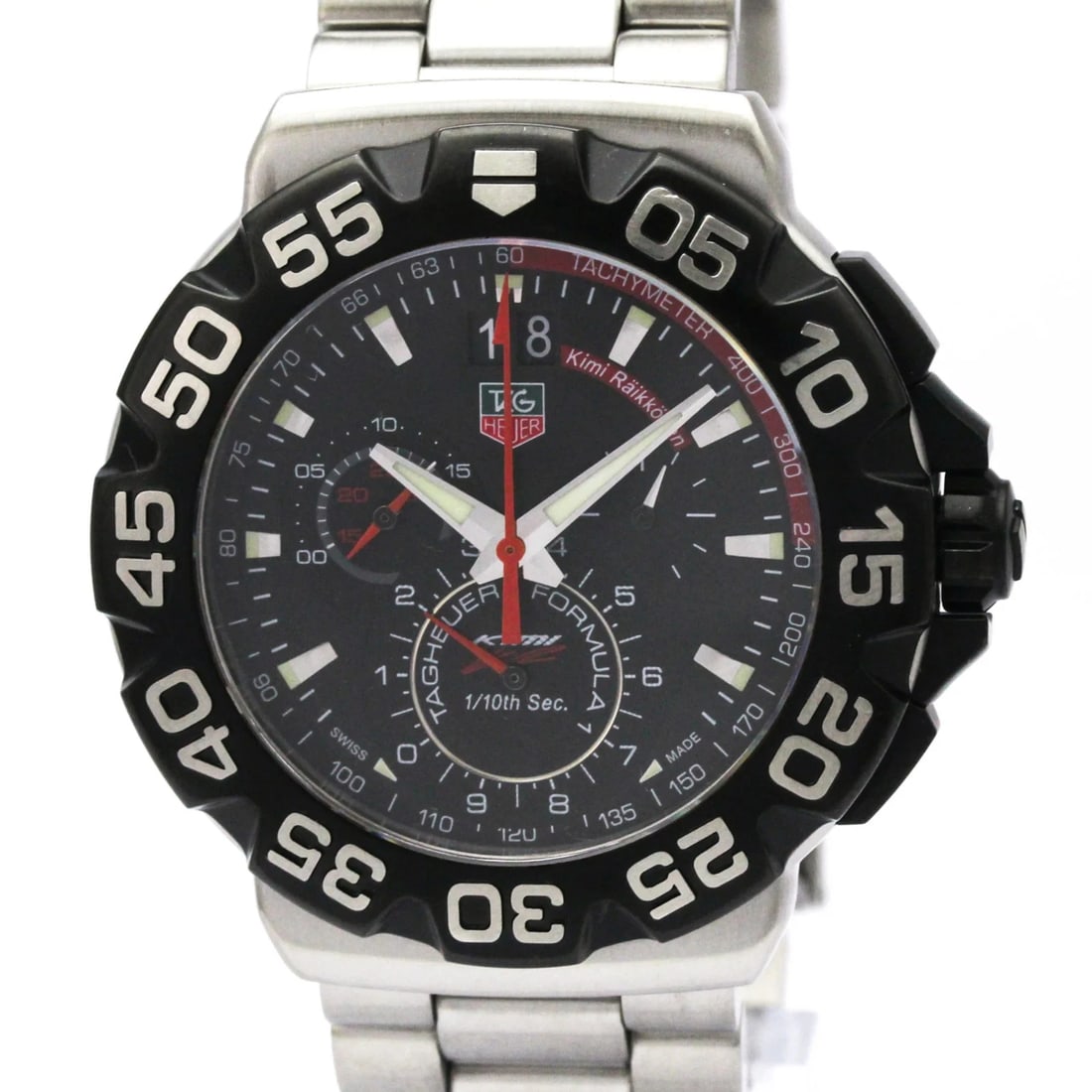 TAG HEUER FORMULA 1 KIMI RAIKKONEN GRANDE DATE WATCH: Tag Heuer Formula 1 Kimi Raikkonen Grande Date Watch Brand: Tag Heuer Type/Style: Wristwatch Material: (Case) Stainless steel (Band) Stainless steel Color: Dial Color Black Size: Case Diameter 43mm / 
