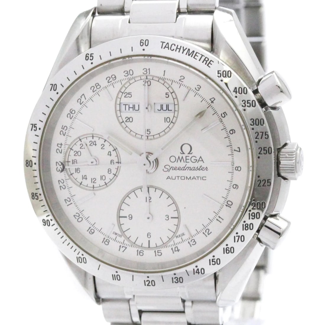 OMEGA SPEEDMASTER TRIPLE DATE STEEL AUTOMATIC WATCH: Omega Speedmaster Triple Date Steel Automatic Watch Brand: Omega Type/Style: Wristwatch Material: (Case) Stainless steel (Band) Stainless steel Color: Dial Color Silver Size: Case Diameter 39mm / 1.54