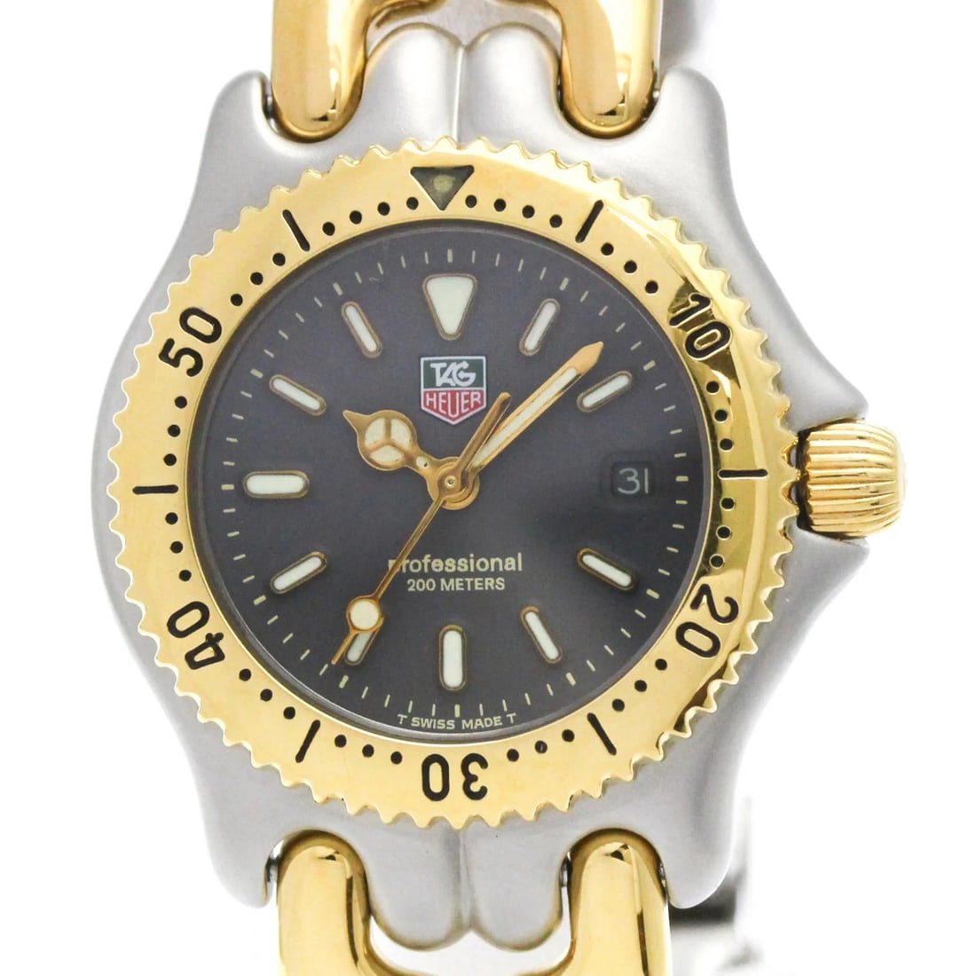 TAG HEUER SEL PROFESSIONAL GOLD PLATED STEEL WATCH: Tag Heuer Sel Professional Gold Plated Steel Watch Brand: Tag Heuer Type/Style: Wristwatch Material: (Case) Gold plated, Stainless steel (Band) Gold plated, Stainless steel Color: Dial Color Gray Size