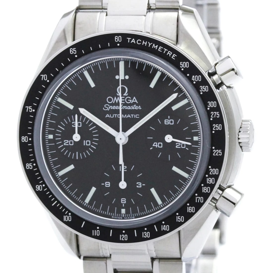 OMEGA SPEEDMASTER AUTOMATIC STEEL WATCH: Omega Speedmaster Automatic Steel Watch Brand: Omega Type/Style: Wristwatch Material: (Case) Stainless steel (Band) Stainless steel Color: Dial Color Black Size: Case Diameter 39mm / 1.54inch Acce