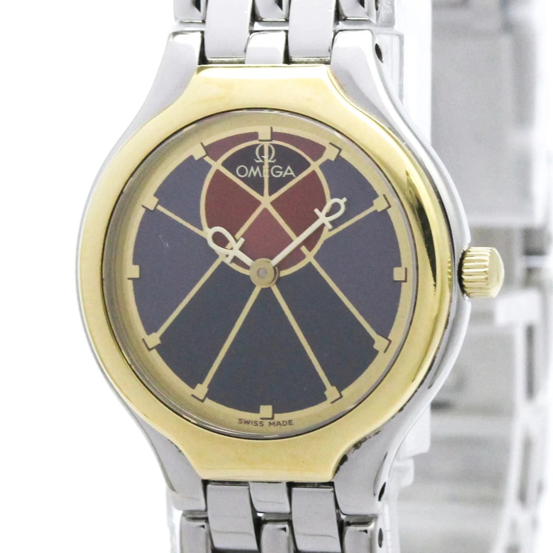 OMEGA DE VILLE SYMBOL K18 GOLD STAINLESS STEEL WATCH: Omega De Ville Symbol K18 Gold Stainless Steel Watch Brand: Omega Type/Style: Wristwatch Material: (Case) Stainless steel, Yellow gold (18K) (Band) Stainless steel Color: Dial Color Bordeaux, Purple S