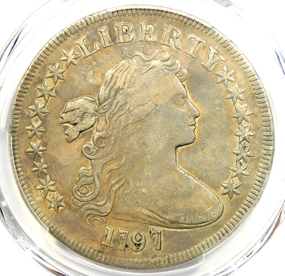 1797 DRAPED BUST SILVER DOLLAR $1 SMALL EAGLE COIN: 1797 Draped Bust Silver Dollar $1 Small Eagle Coin Year: 1797 Denomination: $1 Country of Origin: United States Accessories: None Accessories Notice: When purchasing pre-owned goods, please refer to t
