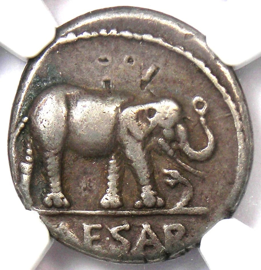 JULIUS CAESAR AR DENARIUS SILVER ELEPHANT ROMAN COIN: Julius Caesar AR Denarius Silver Elephant Roman Coin Year: 49 BC Denomination: Denarius Country of Origin: Italy Accessories: None Accessories Notice: When purchasing pre-owned goods, please refer to 