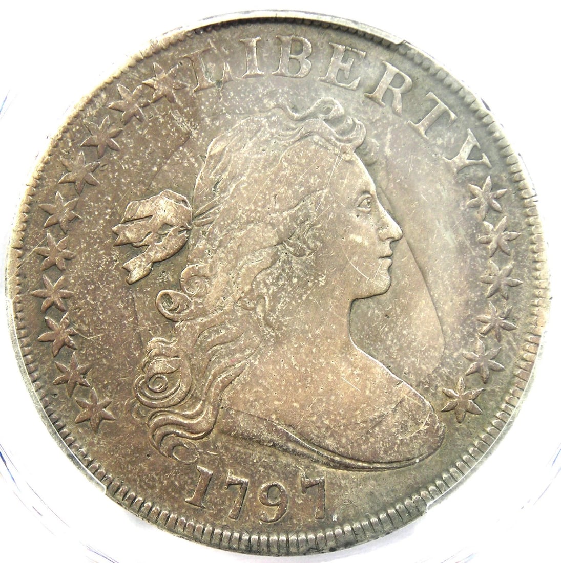 1797 DRAPED BUST SILVER DOLLAR $1 SMALL EAGLE COIN: 1797 Draped Bust Silver Dollar $1 Small Eagle Coin Year: 1797 Denomination: $1 Country of Origin: United States Accessories: None Accessories Notice: When purchasing pre-owned goods, please refer to t