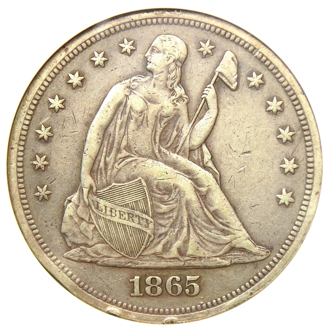 1865 SEATED LIBERTY SILVER DOLLAR CIVIL WAR $1 COIN: 1865 Seated Liberty Silver Dollar Civil War $1 Coin Year: 1865 Denomination: $1 Country of Origin: United States Accessories: None Accessories Notice: When purchasing pre-owned goods, please refer to 