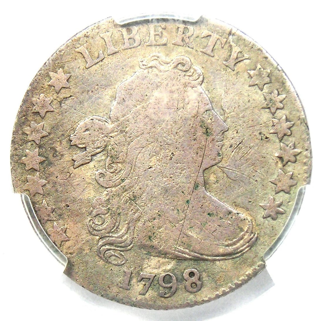 1798 DRAPED BUST DIME 10C COIN: 1798 Draped Bust Dime 10C Coin Year: 1798 Denomination: 10C Country of Origin: United States Accessories: None Accessories Notice: When purchasing pre-owned goods, please refer to the photos of the it