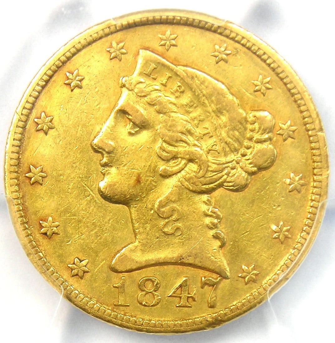 1847-C LIBERTY GOLD HALF EAGLE $5 COIN: 1847-C Liberty Gold Half Eagle $5 Coin Year : 1847 Denomination : $5 Country of Origin : United States Accessories: None Accessories Notice: When purchasing pre-owned goods, please refer to the photos