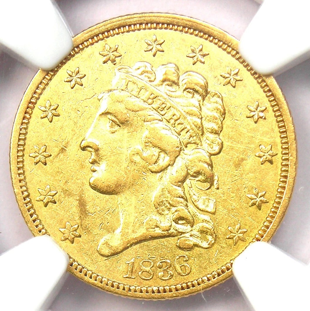 1836 CLASSIC GOLD QUARTER EAGLE COIN: 1836 Classic Gold Quarter Eagle Coin Year: 1836 Denomination: $2.50 Country of Origin: United States Accessories: None Accessories Notice: When purchasing pre-owned goods, please refer to the photos o