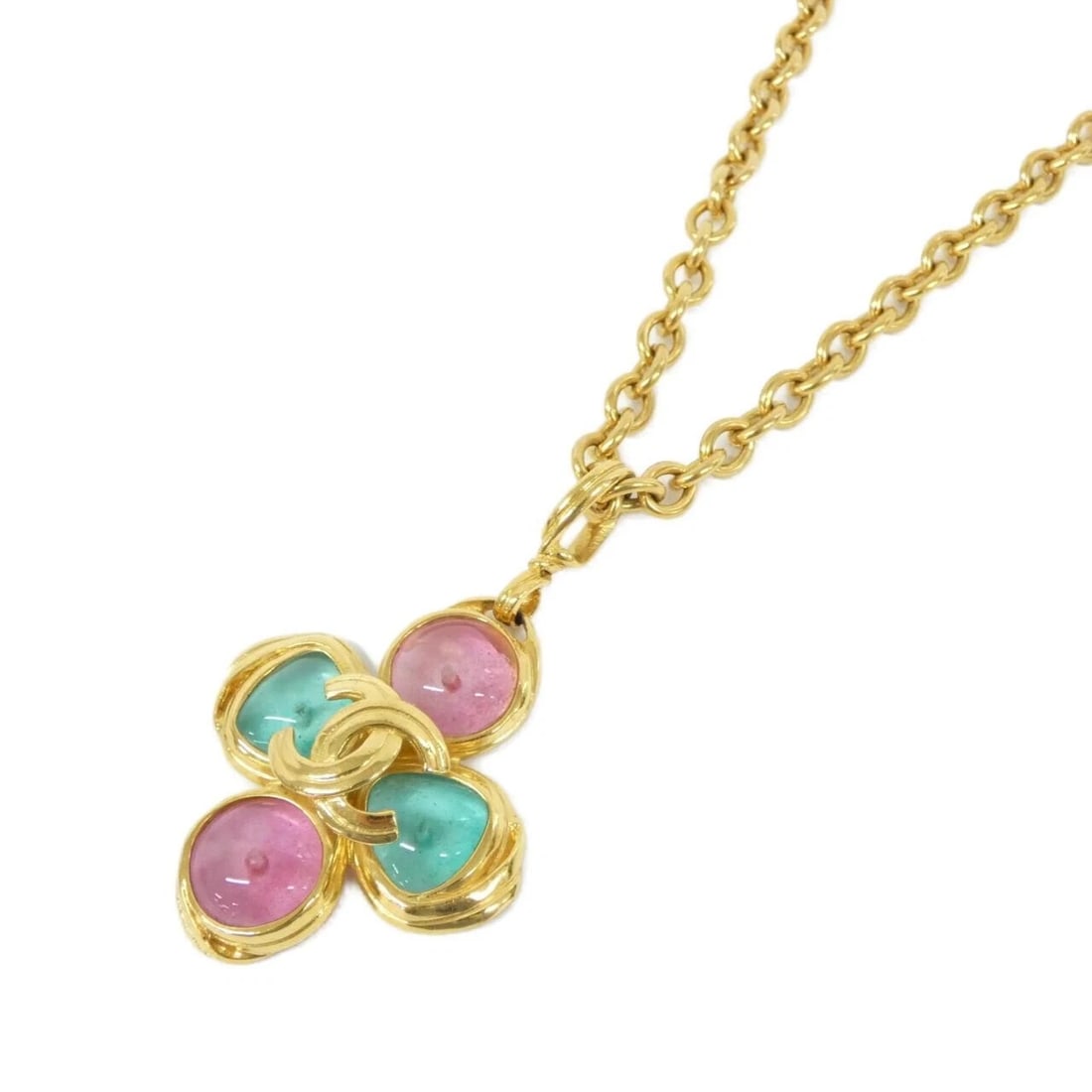 CHANEL NECKLACE: Chanel Necklace Brand: CHANEL Type/Style: Chanel Necklace Material: None, Color: PINK+GREEN (pink + green) / GOLD (gold) Metal Size: Length: 81 cm Top Width x Height: 5 cm x 8.5 cm Accessories: None