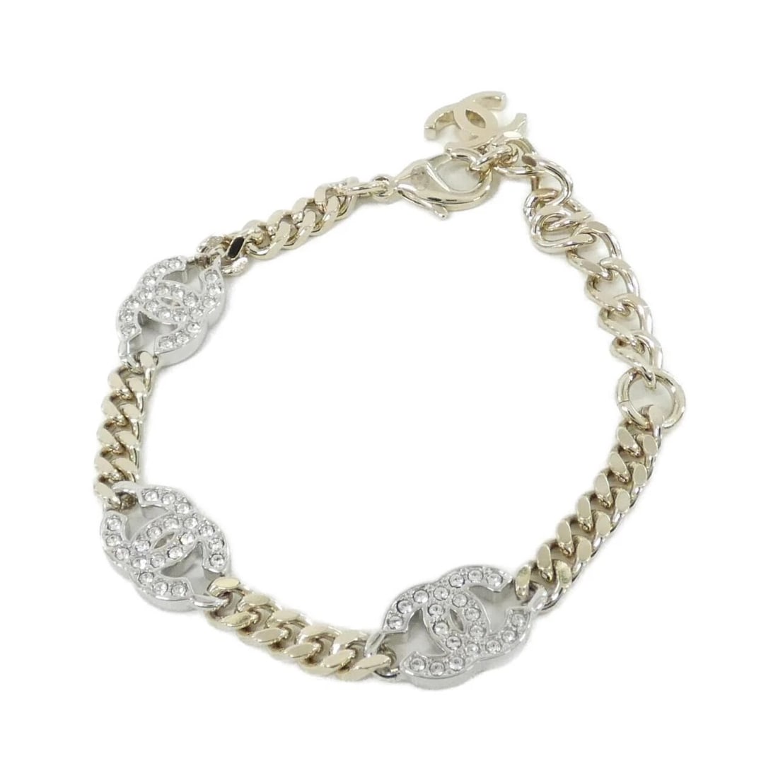 CHANEL BRACELET: Chanel Bracelet Brand: CHANEL Type/Style: Chanel Bracelet Material: none, Color: CRYSTAL / GOLD+SILVER Metal Size: Length: 14.5-19cm cm Motif width x height: 1.3cm cm x 1 cm Accessories: None